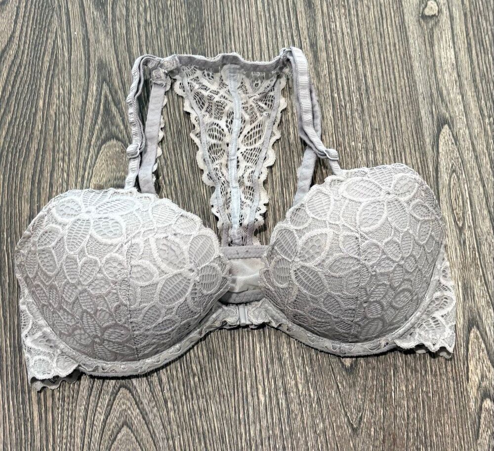PINK Victoria's Secret Very Sexy Floral Lace Racerback Push-Up Bra Gray Size 34D